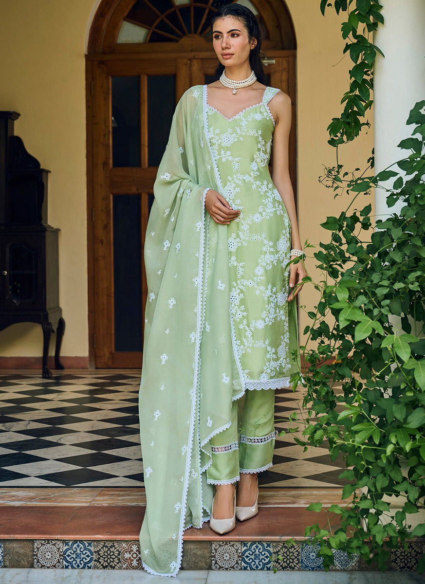 lime green dress suit Lime Green Embroidered Cotton Straight Suit