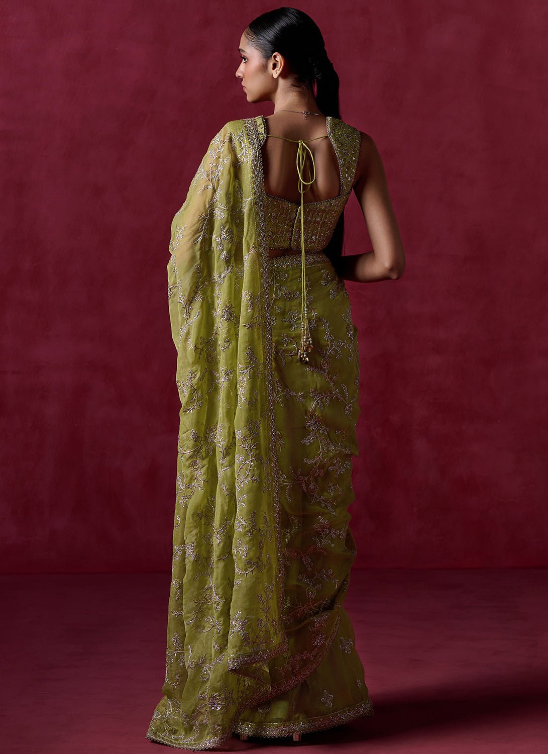Lime Green Embroidered Net Saree - Lashkaraa