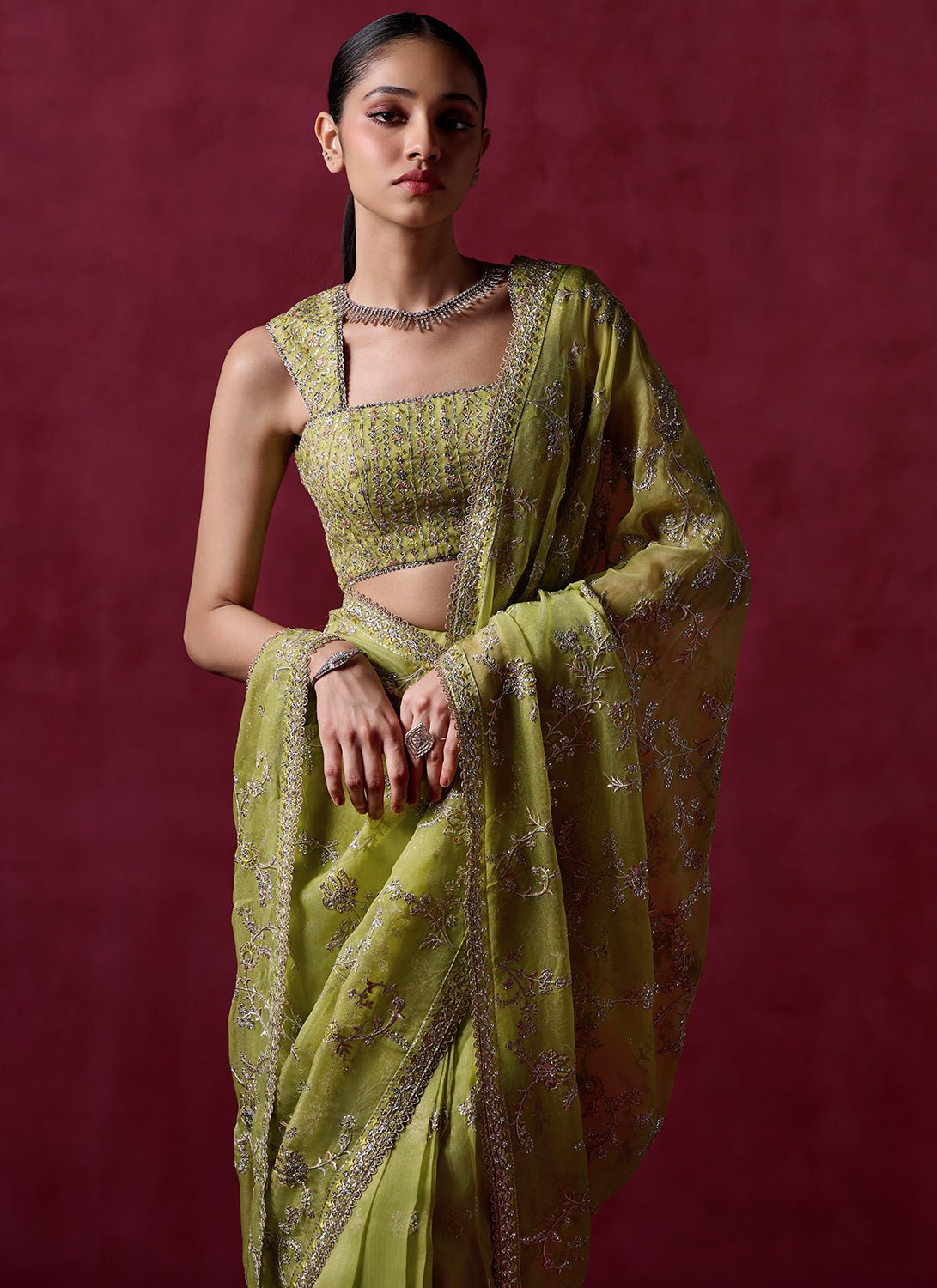 Lime Green Embroidered Net Saree - Lashkaraa