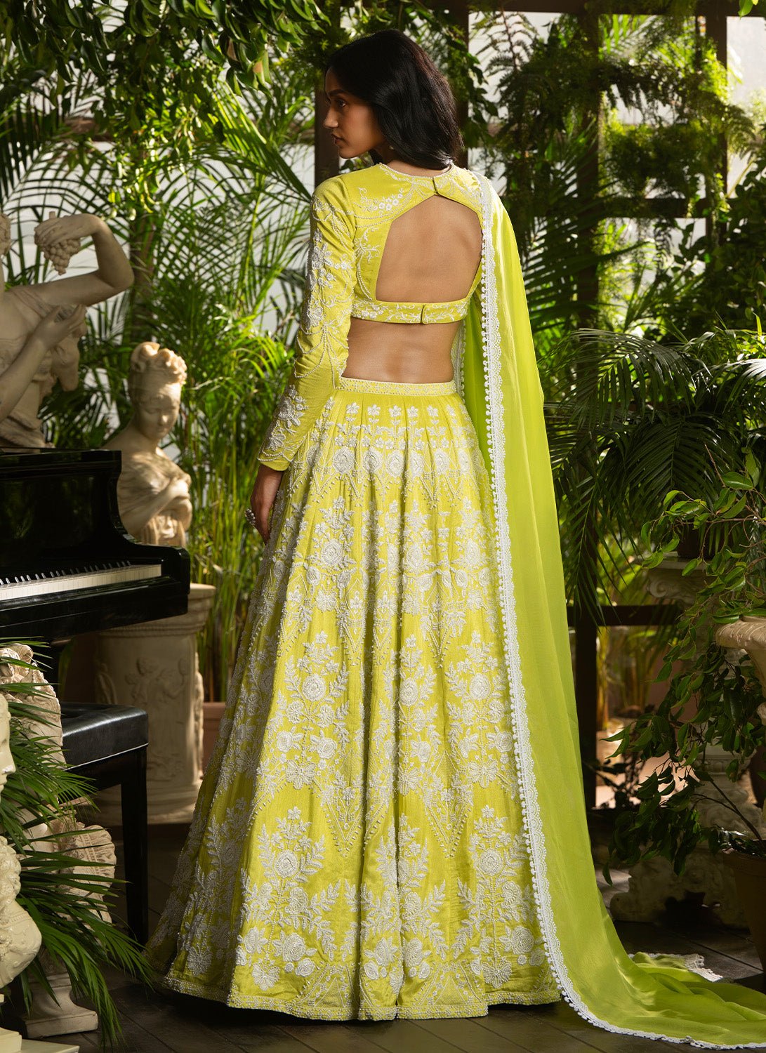 Lime Green Embroidered Pure Silk Lehenga - Lashkaraa