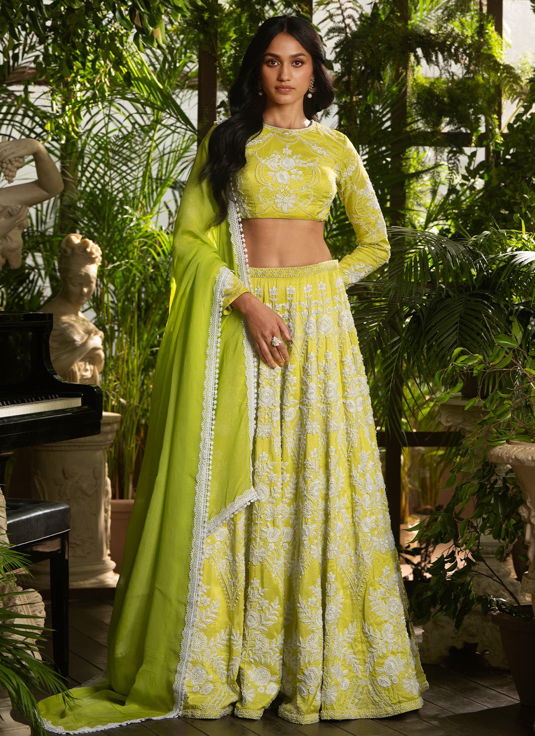 Lime Green Embroidered Pure Silk Lehenga - Lashkaraa