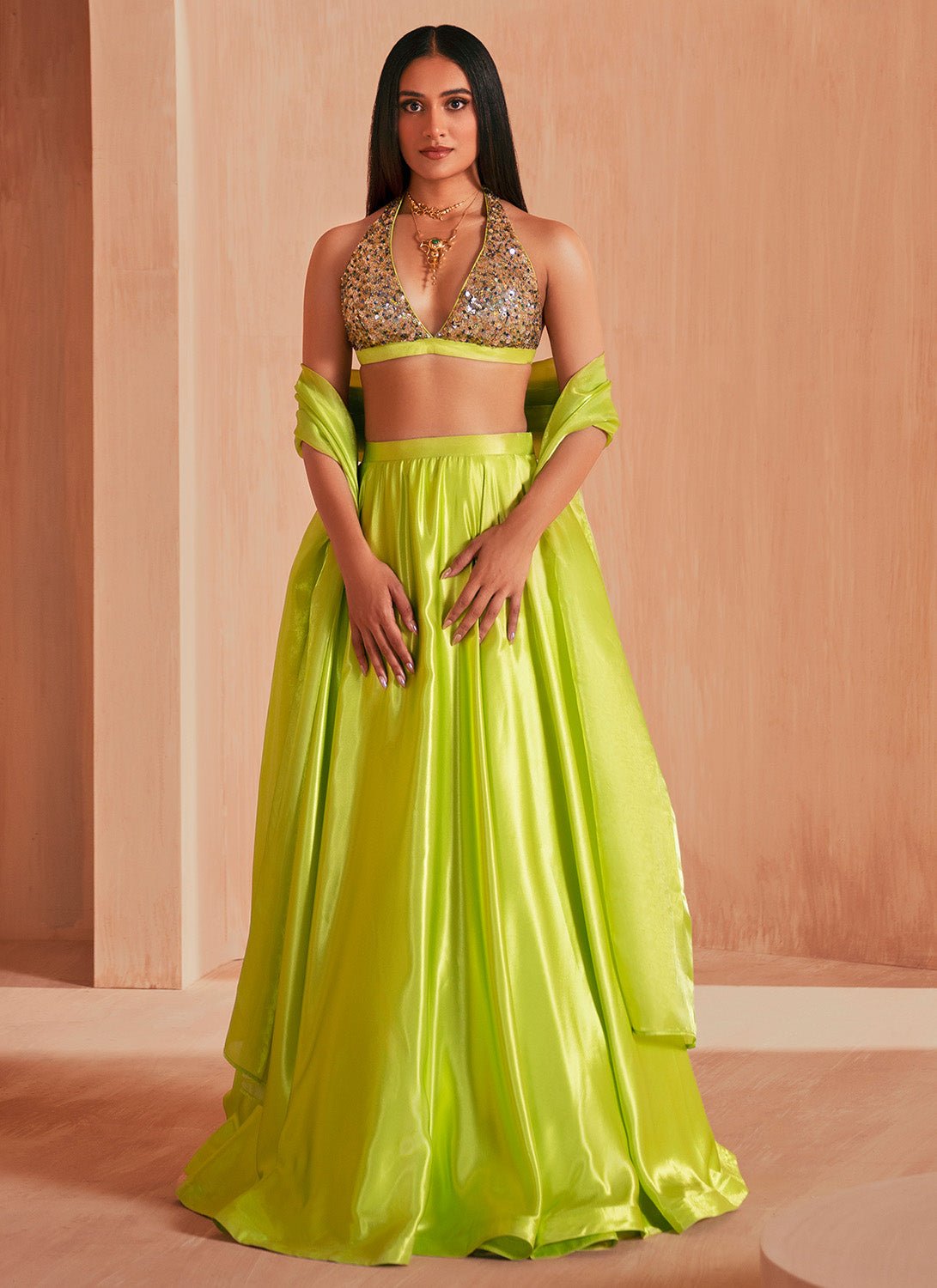 Lime Green Embroidered Satin Lehenga - Lashkaraa
