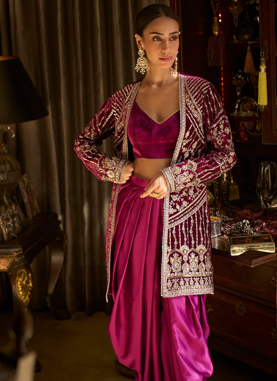 Magenta Embroidered Velvet Suit With Jacket - Lashkaraa