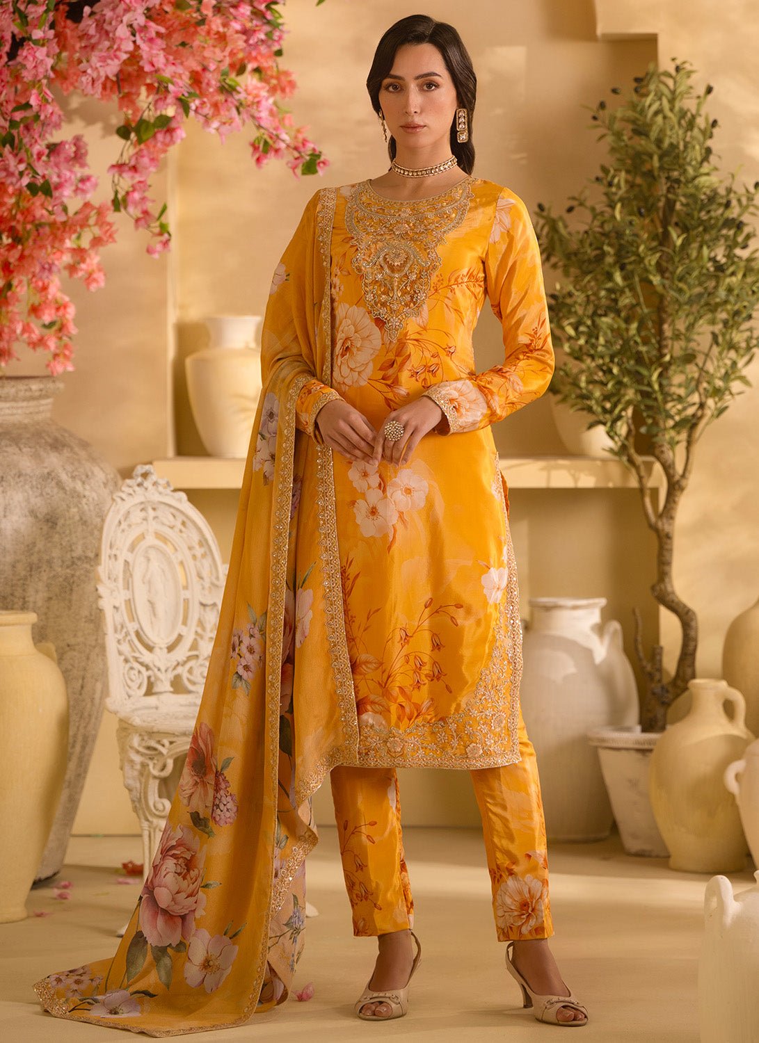 Marigold Yellow Floral Embroidered Crepe Silk Pant Suit - Lashkaraa