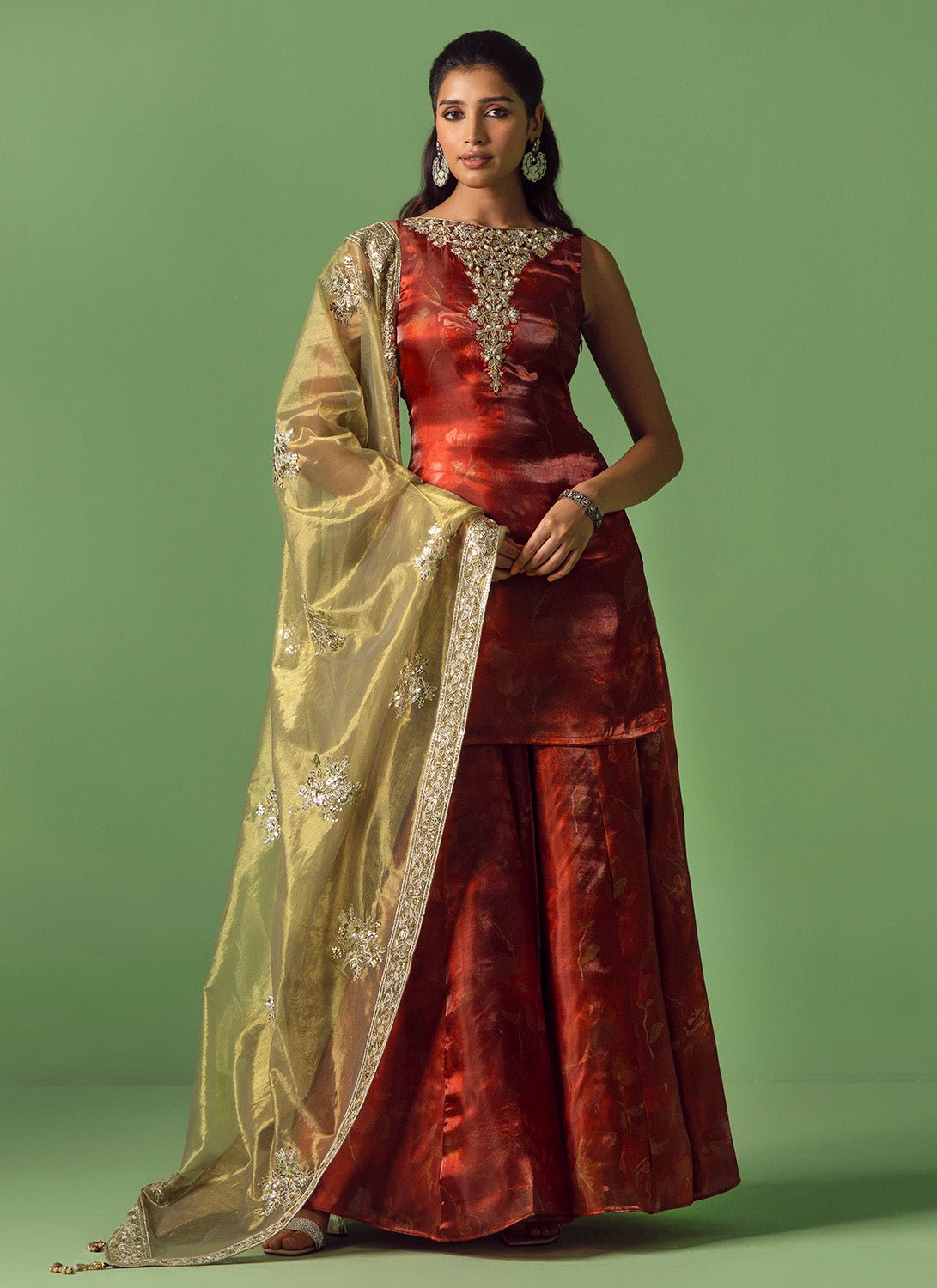 Maroon and Green Embroidered Organza Sharara - Lashkaraa