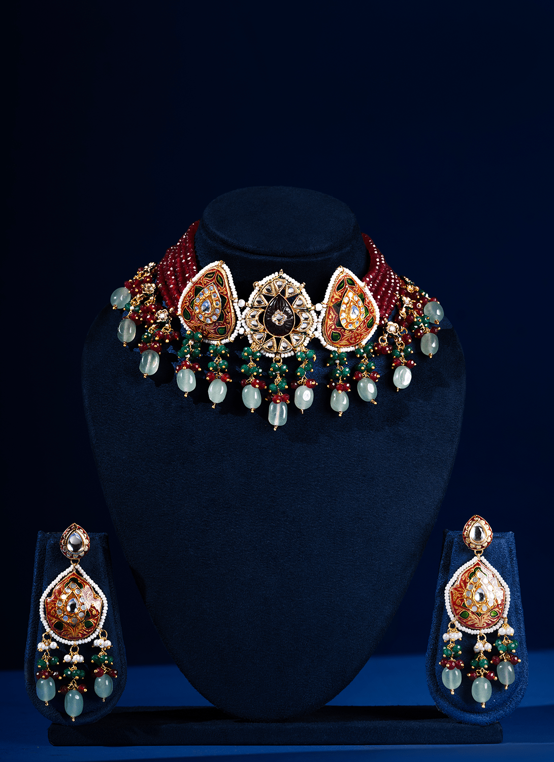 Maroon and Sage Meenakari Choker Set - Lashkaraa