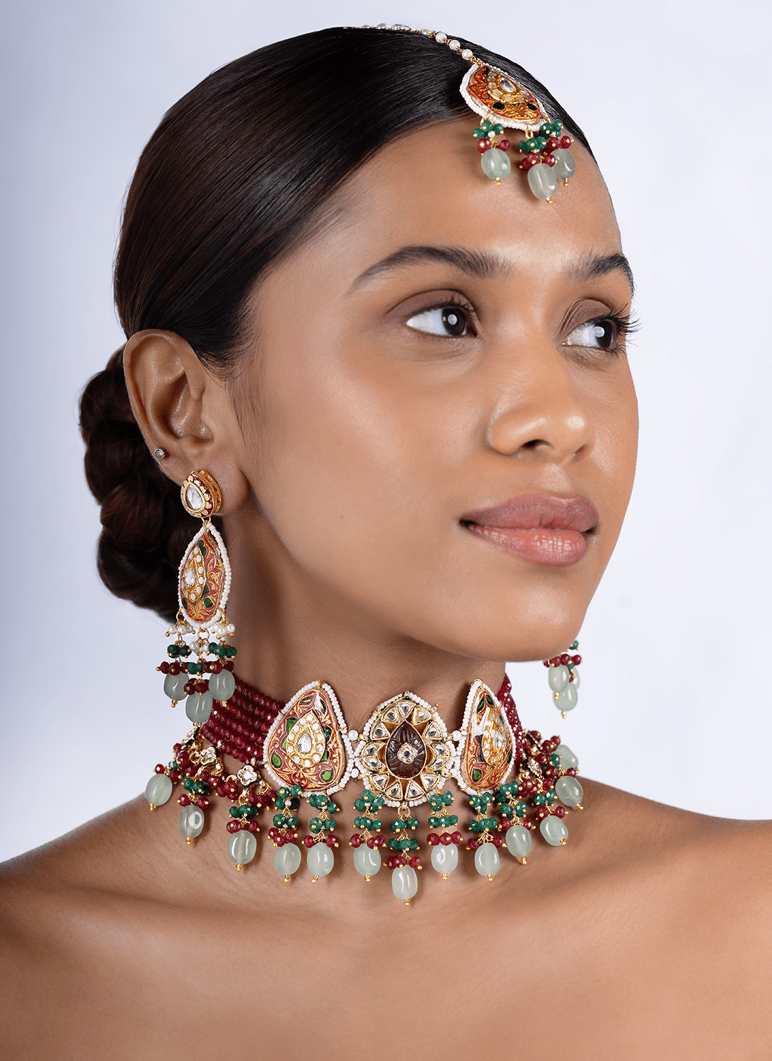 Maroon and Sage Meenakari Choker Set - Lashkaraa