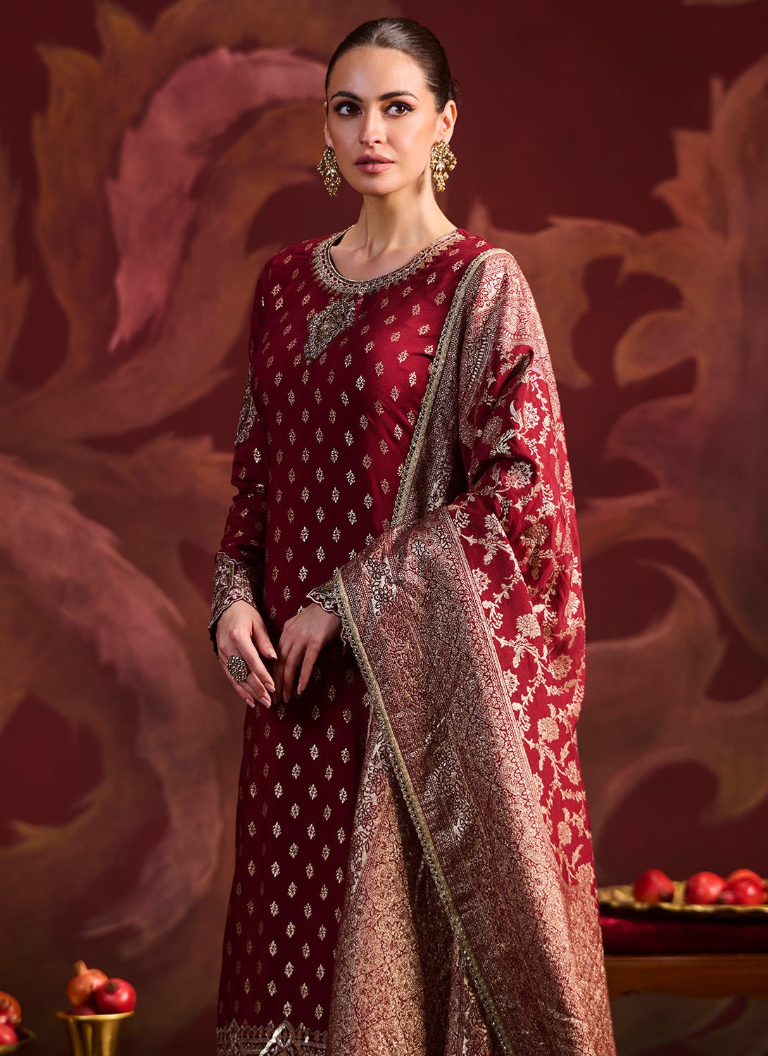 Maroon Embroidered Brocade Pant Suit - Lashkaraa