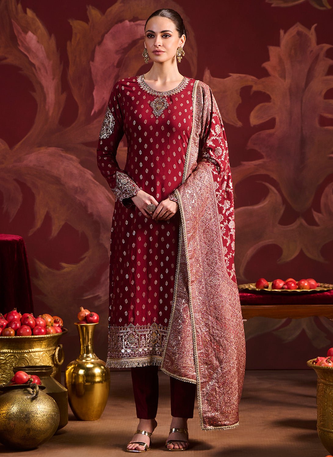 Maroon Embroidered Brocade Pant Suit - Lashkaraa