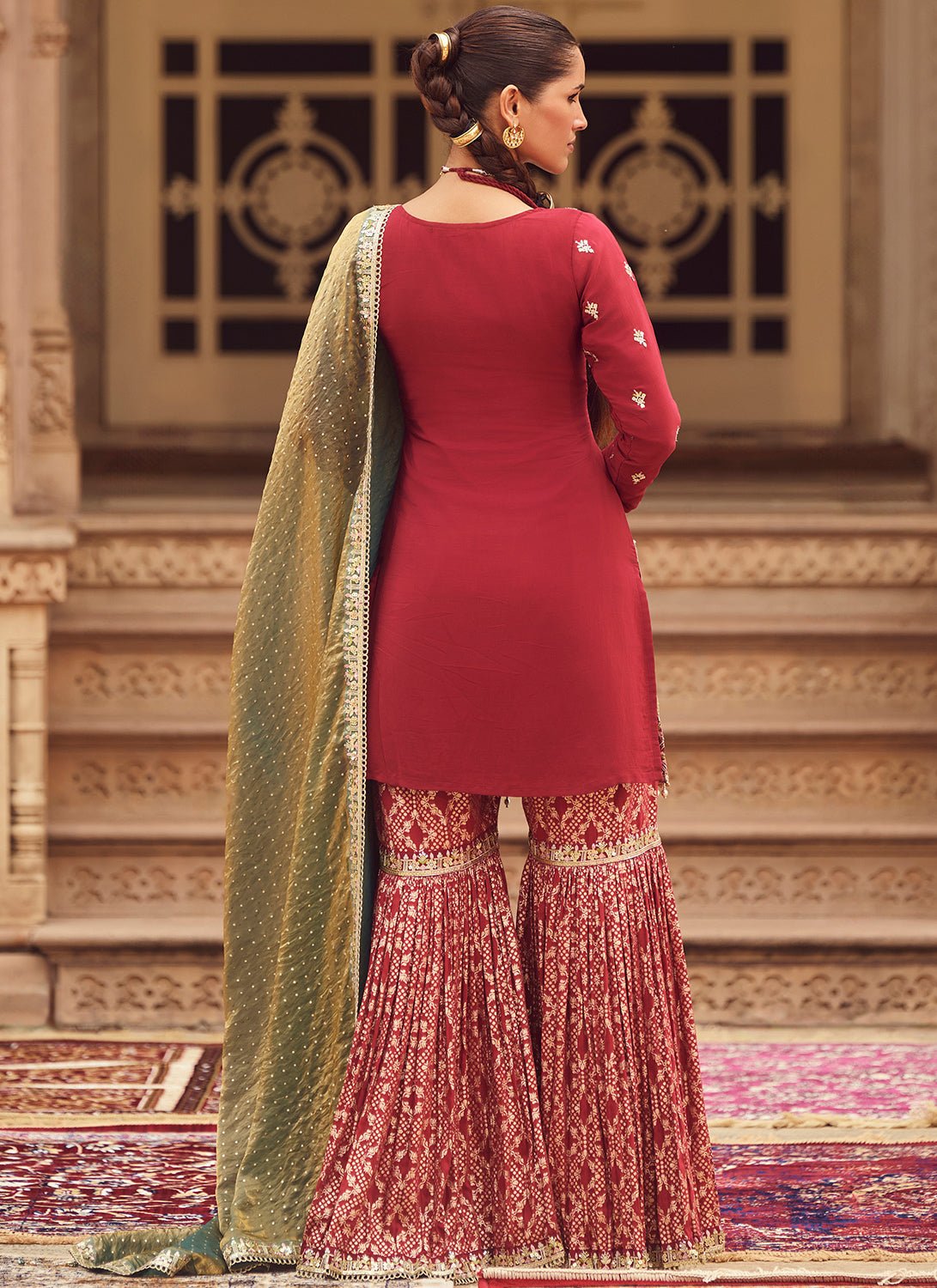 Maroon Embroidered Crepe Gharara Suit - Lashkaraa