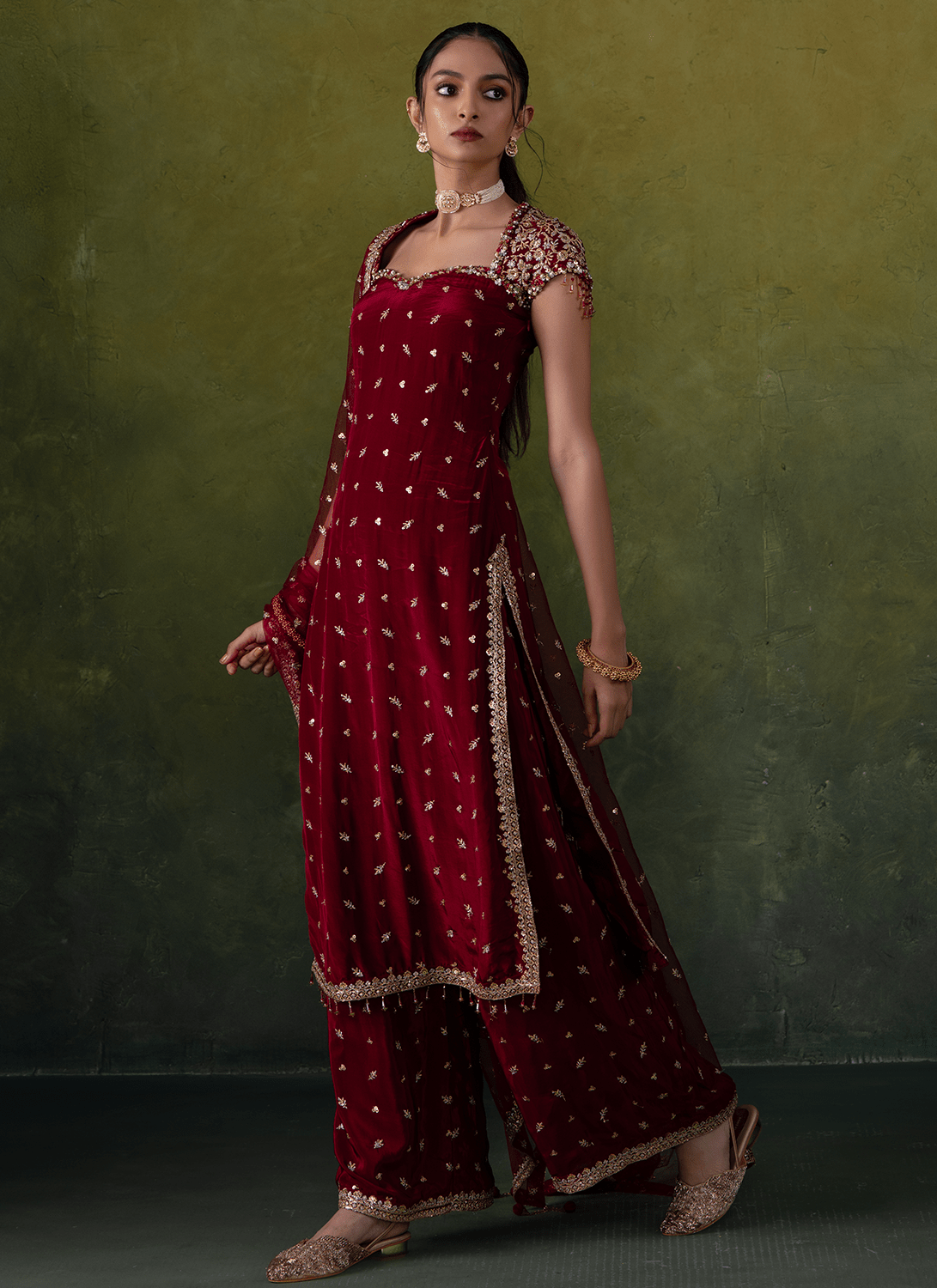 Maroon Embroidered Crepe Pant Suit - Lashkaraa