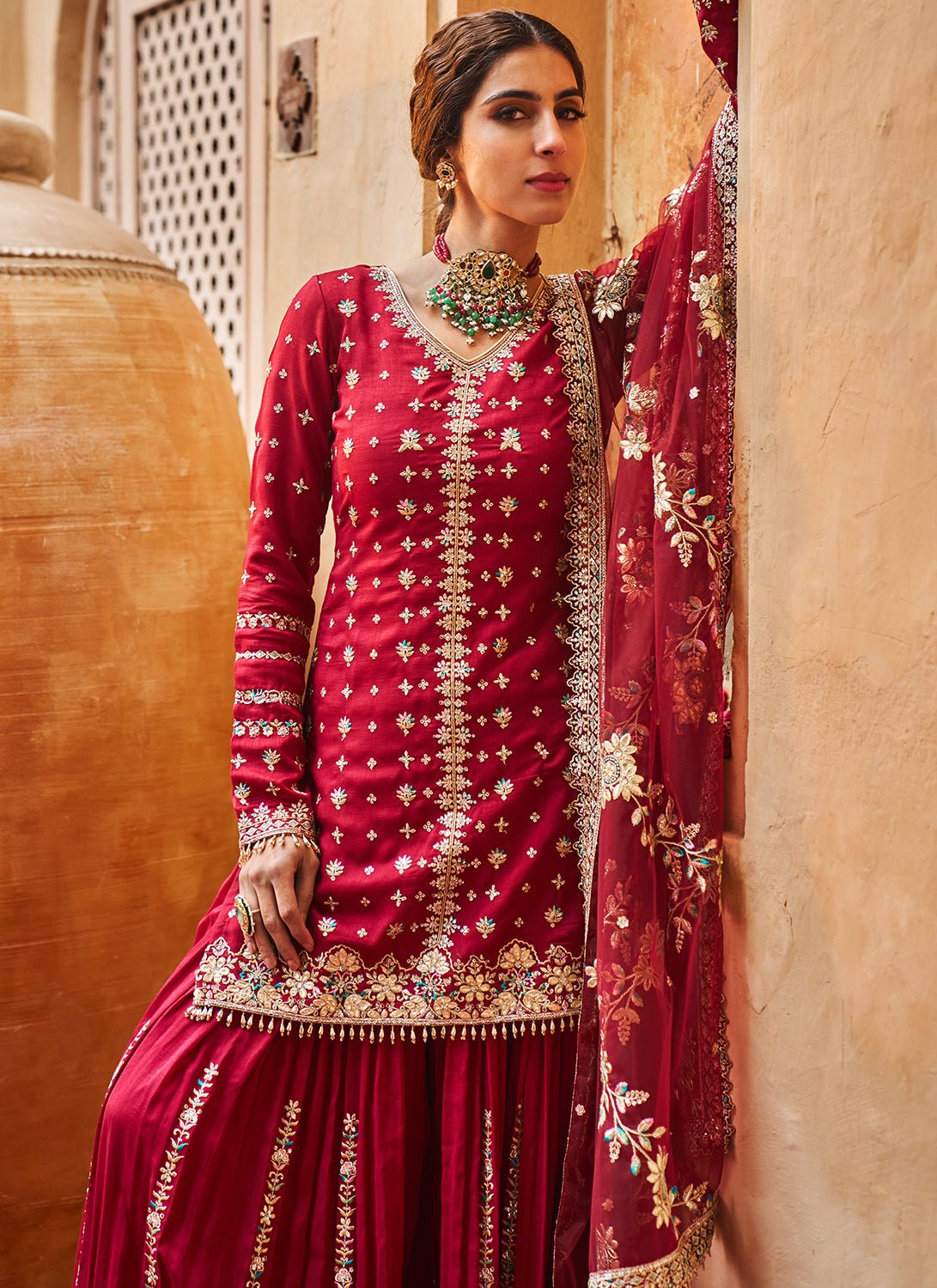 red and golden sharara dress Gold Foil Red Sharara Suit S