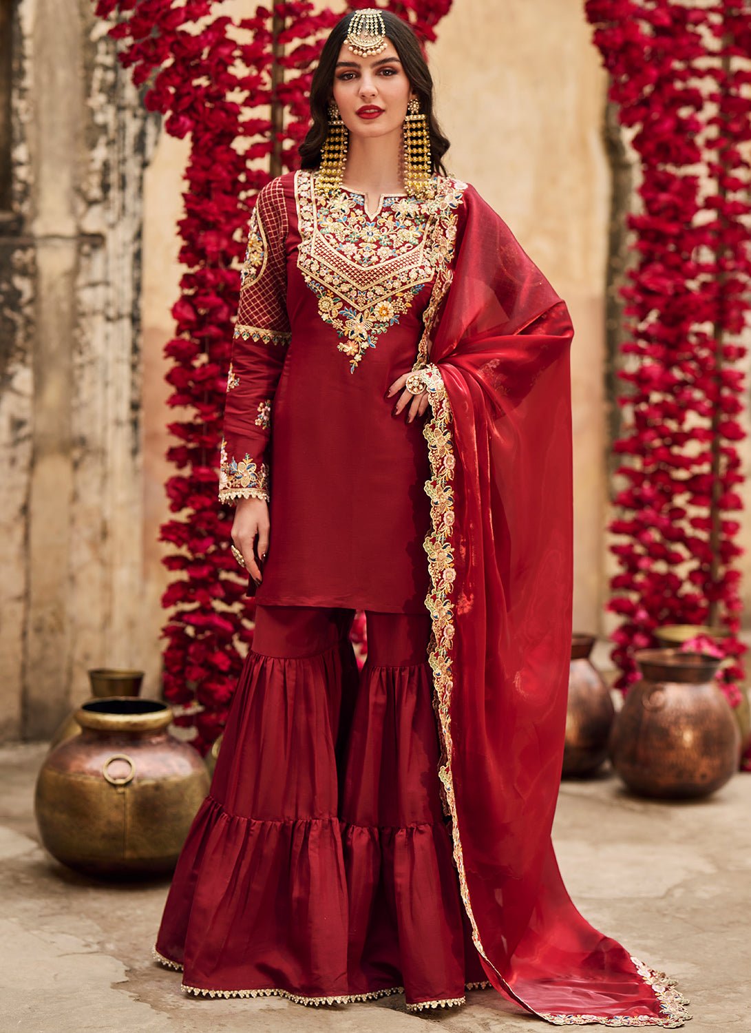Maroon Embroidered Silk Gharara Suit - Lashkaraa