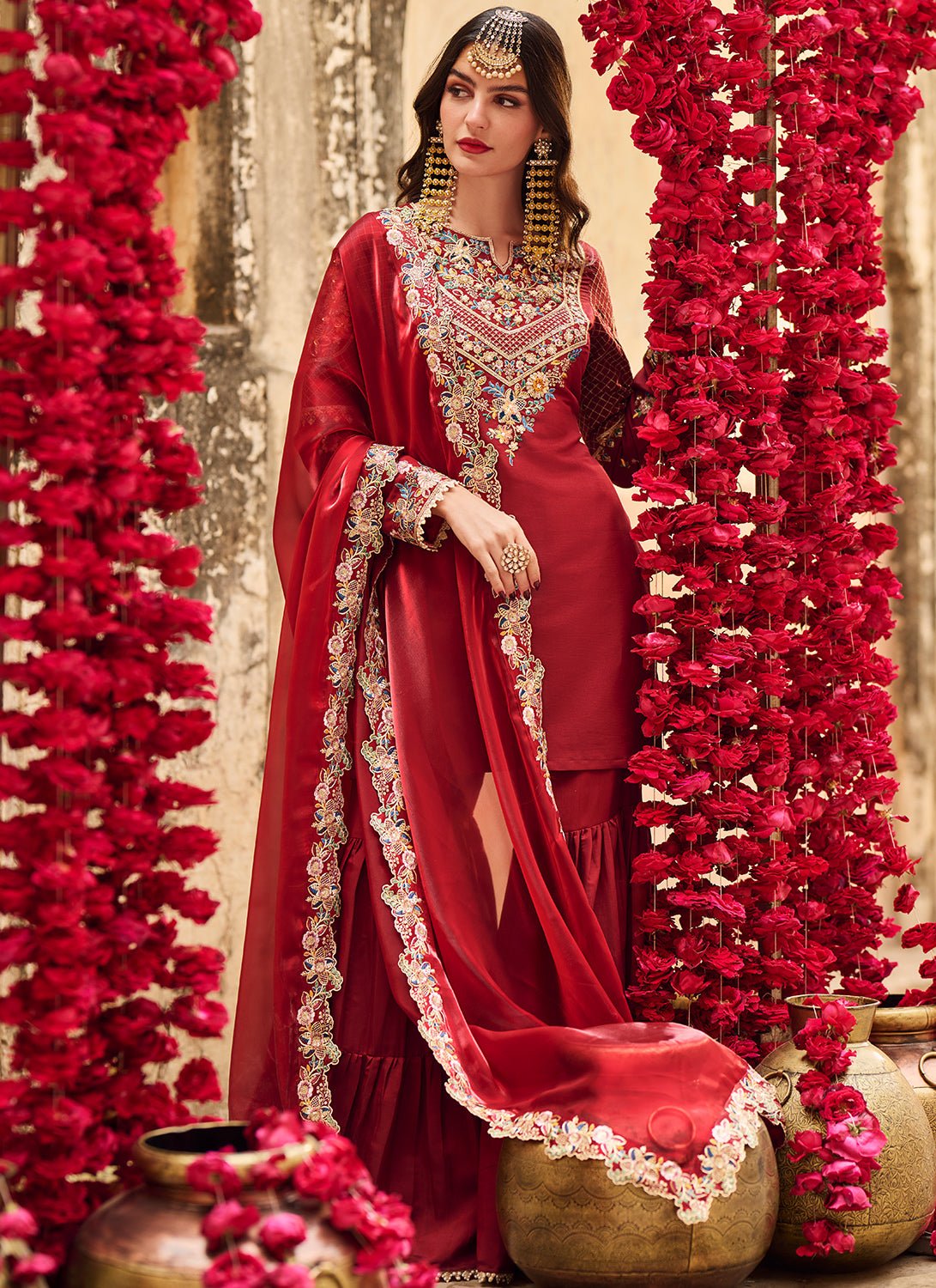 Maroon Embroidered Silk Gharara Suit - Lashkaraa