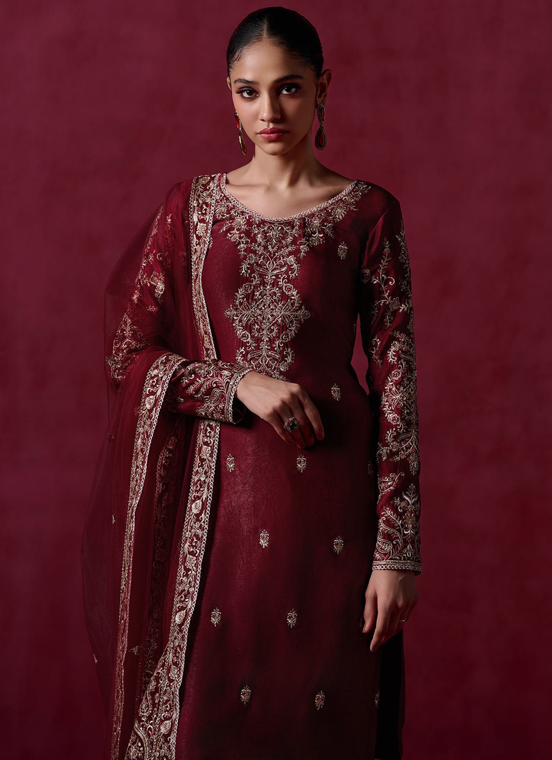 Maroon Embroidered Silk Straight Suit - Lashkaraa