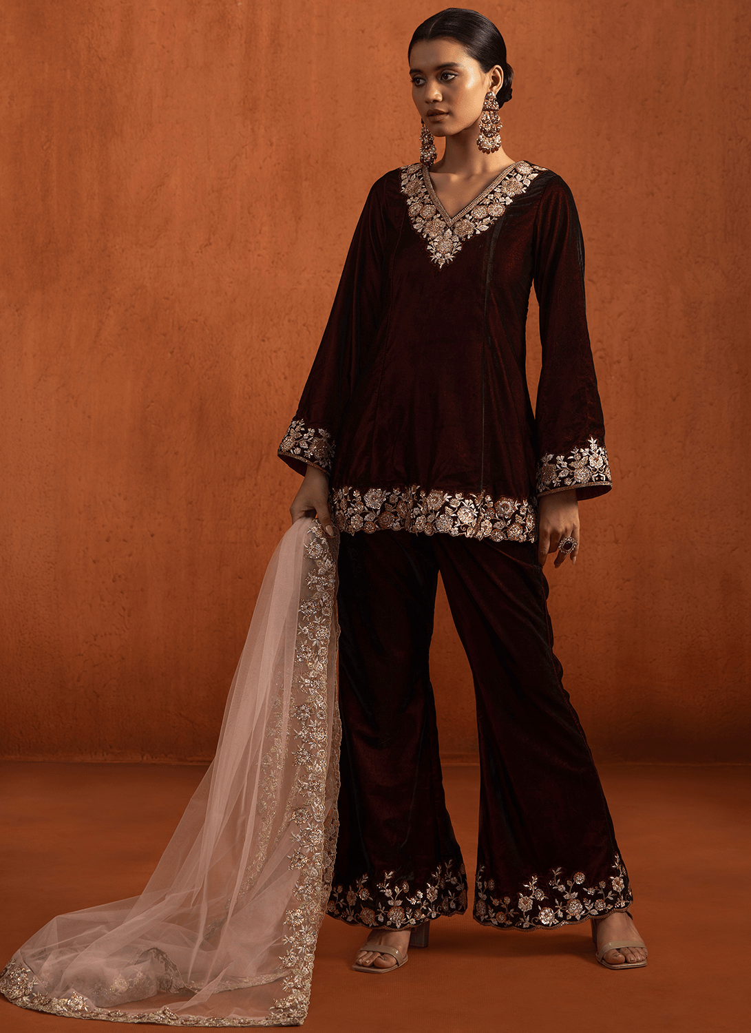 Maroon Embroidered Velvet Pant Suit - Lashkaraa