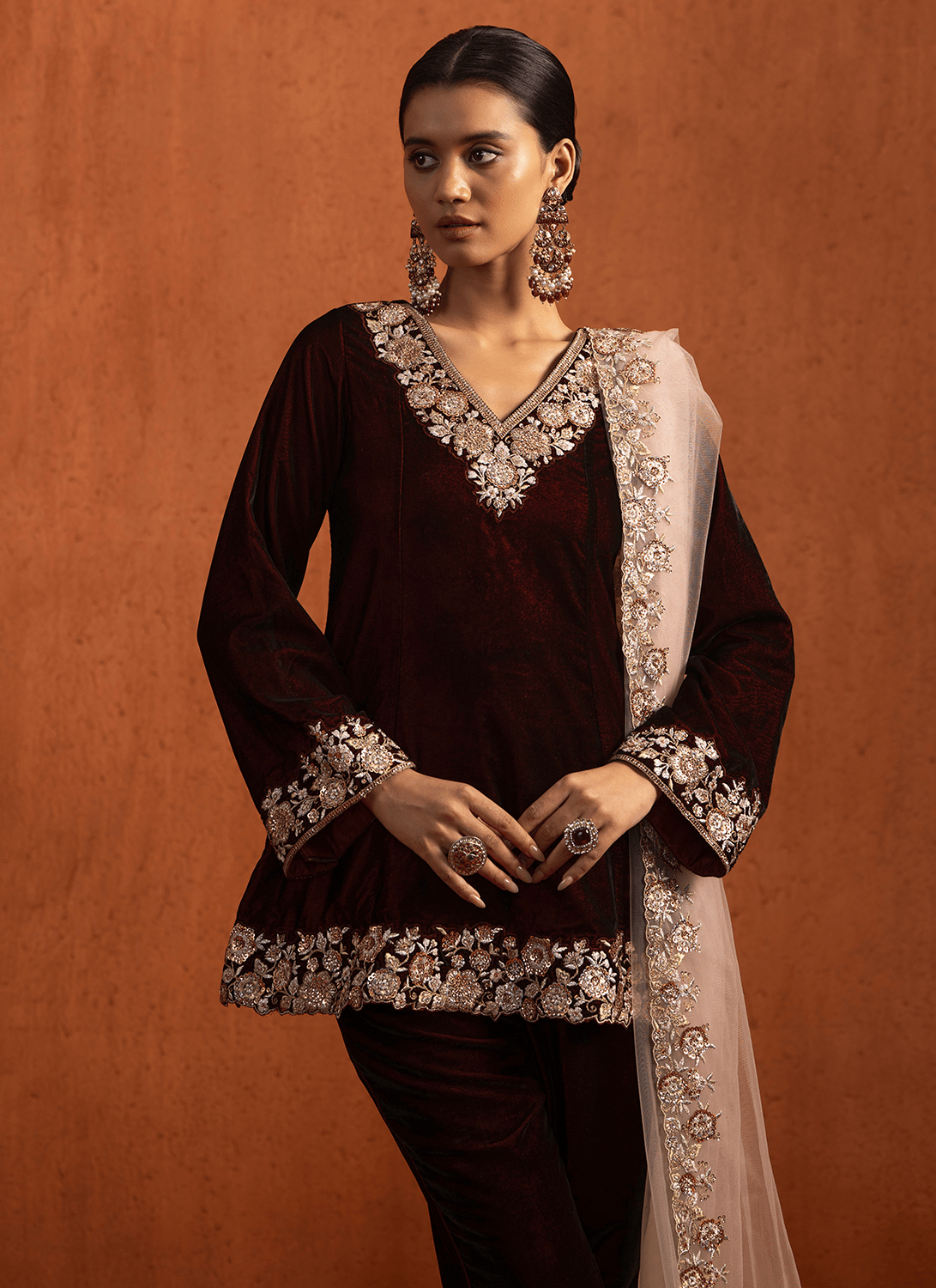 Maroon Embroidered Velvet Pant Suit - Lashkaraa