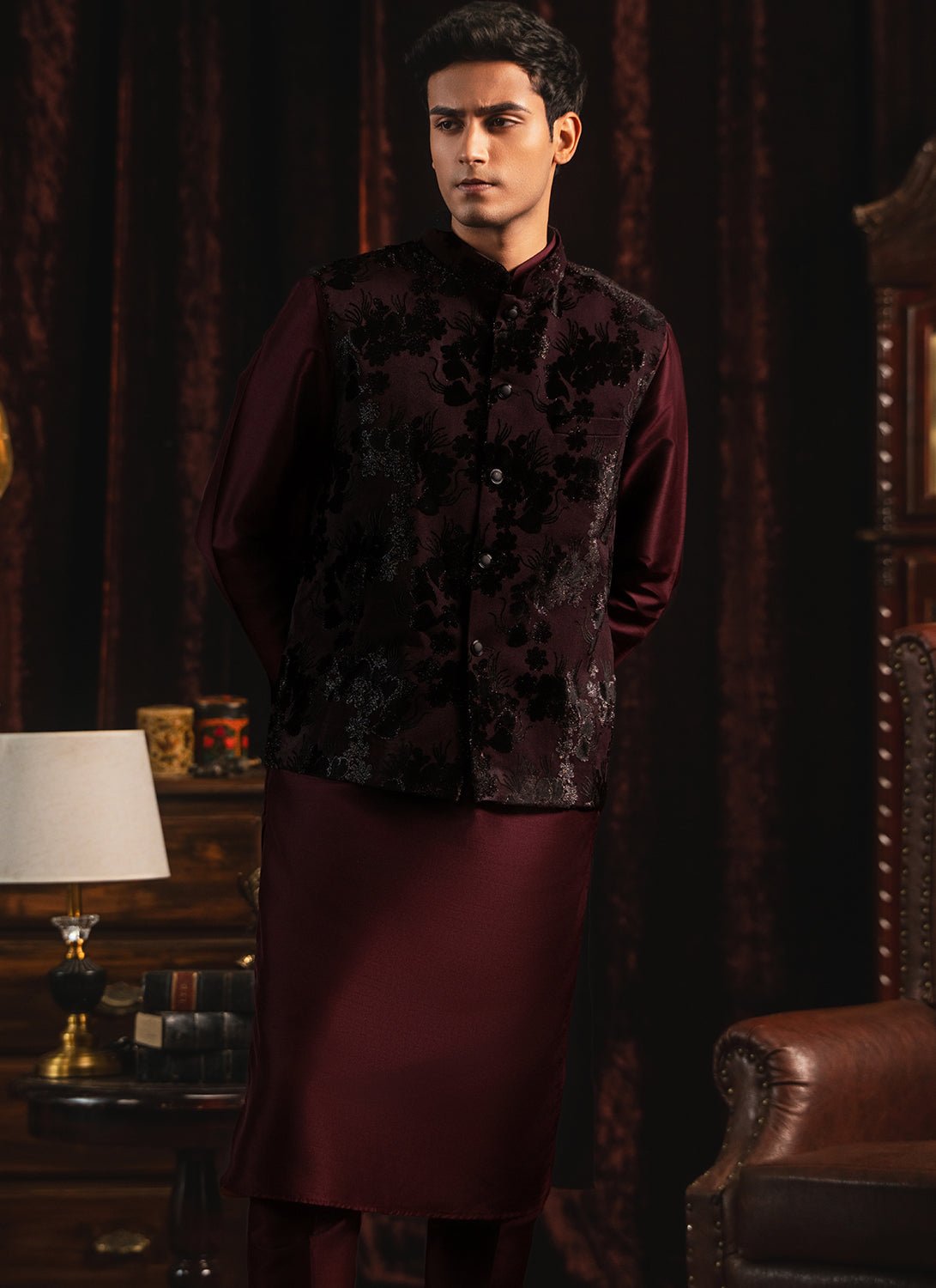 Maroon Silk Nehru Jacket Set - Lashkaraa