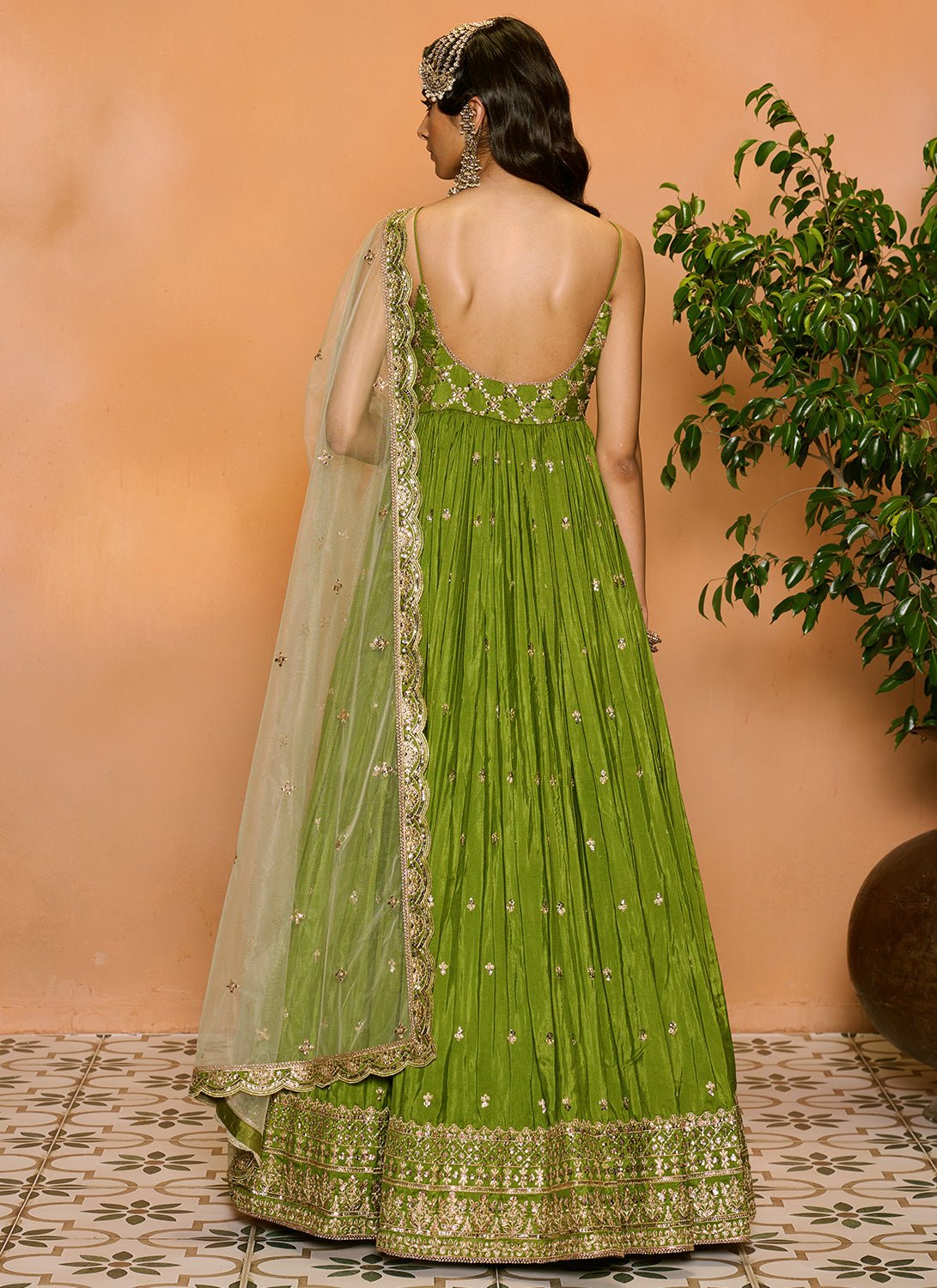 Mehendi Green Embroidered Anarkali S