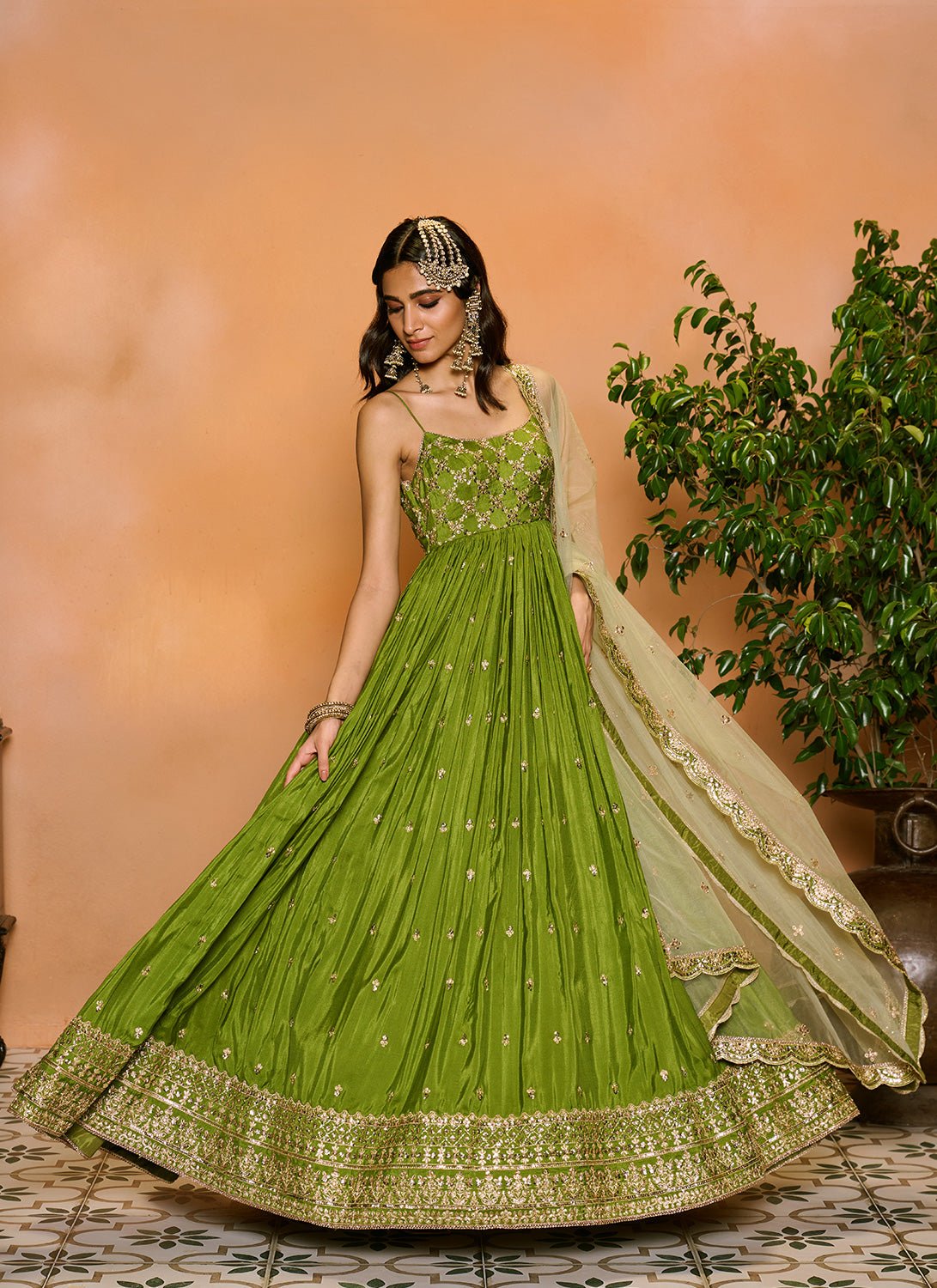 Mehendi Green Embroidered Anarkali S