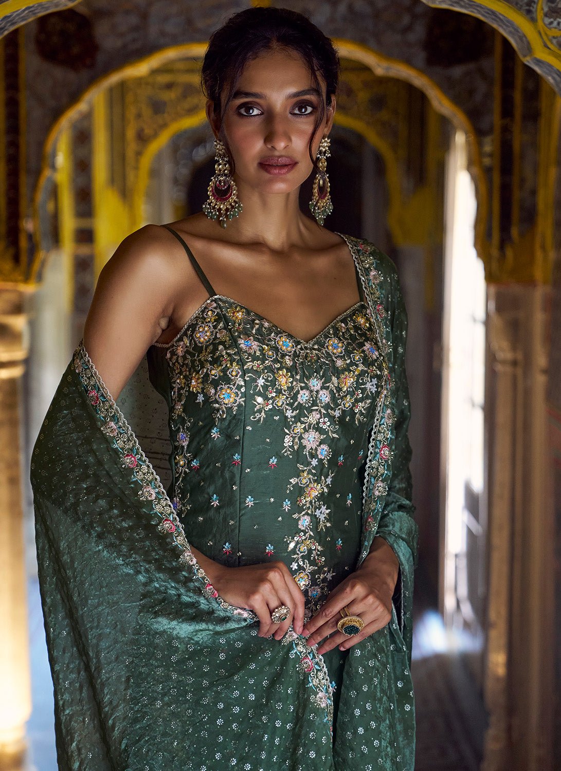 Mehendi Green Embroidered Gharara - Lashkaraa