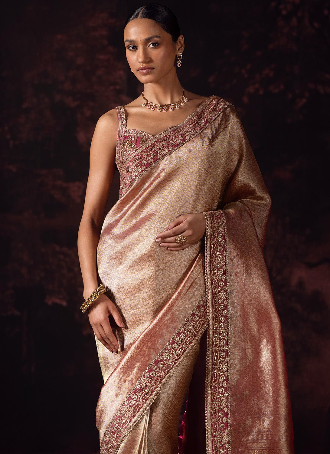 Metallic Rose Pink Embroidered Tissue Saree - Lashkaraa