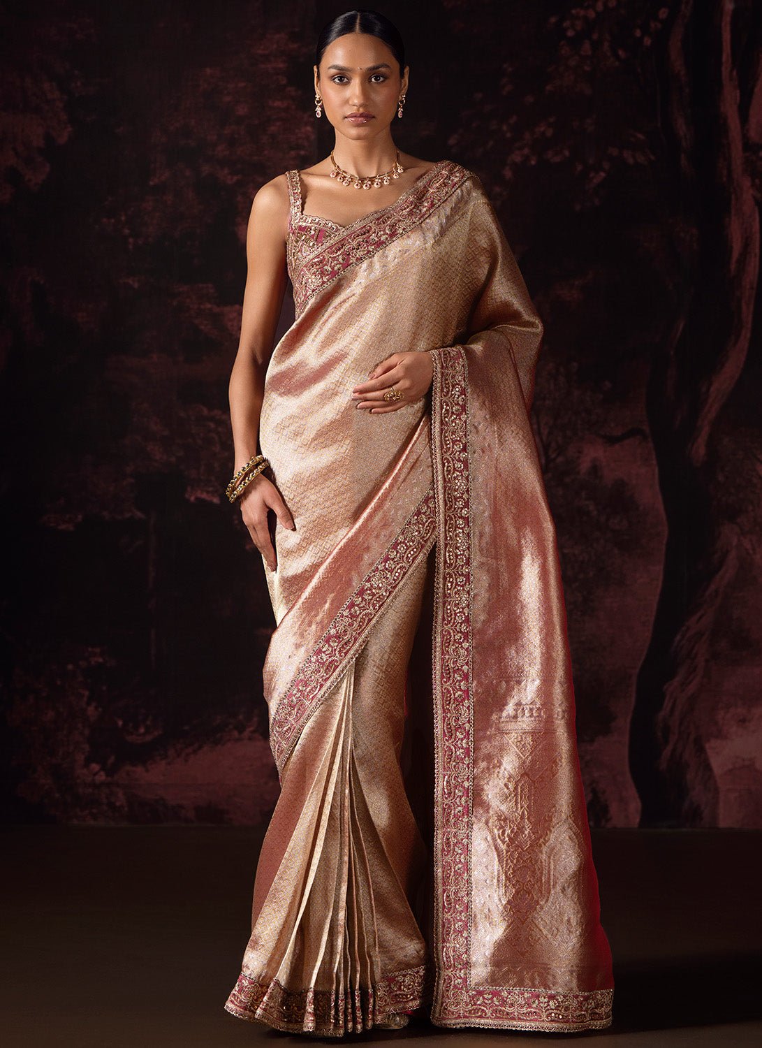 Metallic Rose Pink Embroidered Tissue Saree - Lashkaraa