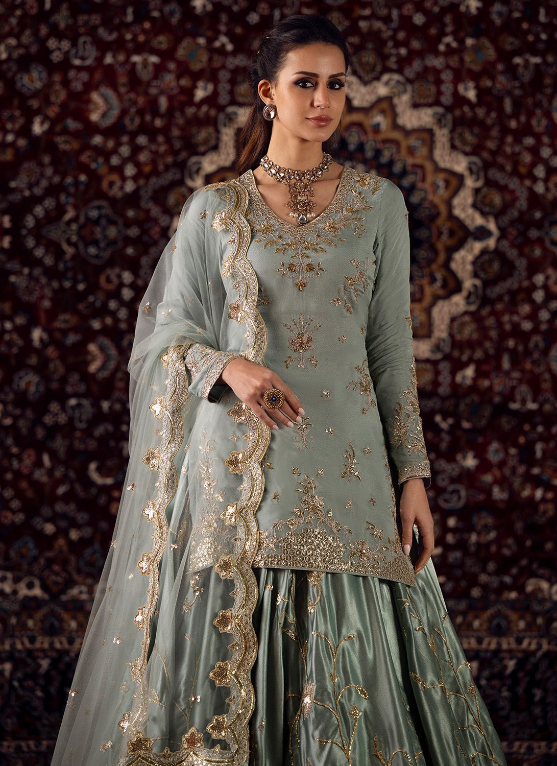 Mint Blue Embroidered Organza Kurti Style Lehenga - Lashkaraa