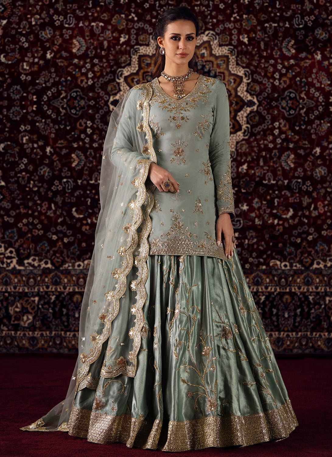 Mint Blue Embroidered Organza Kurti Style Lehenga - Lashkaraa