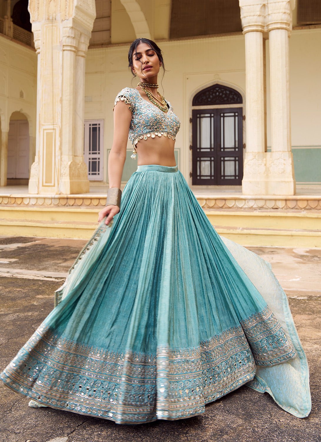 Mint Blue Embroidered Silk Lehenga - Lashkaraa