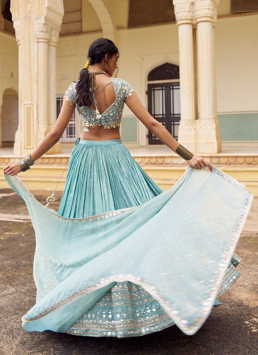 Mint Blue Embroidered Silk Lehenga - Lashkaraa