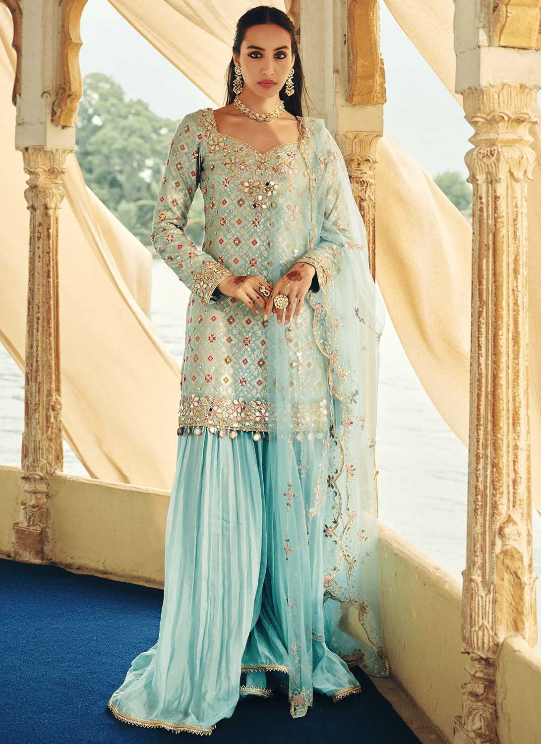 Mint Blue Embroidered Viscose Silk Sharara - Lashkaraa
