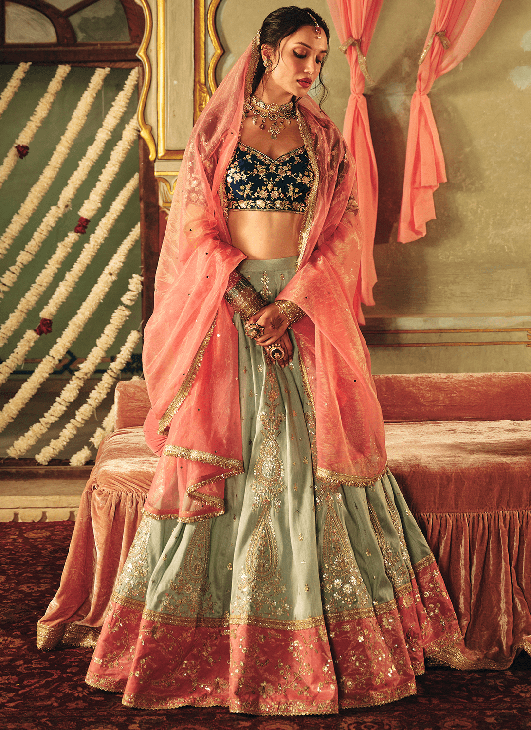 Mint Blue Multicolor Embroidered Silk Lehenga - Lashkaraa
