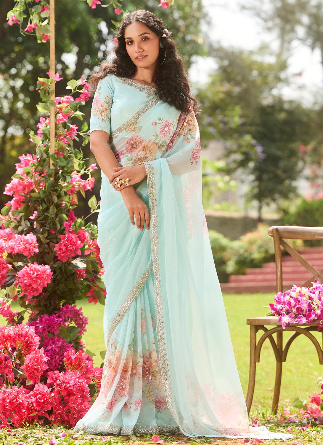 Mint Blue Multicolor Floral Printed Saree - Lashkaraa
