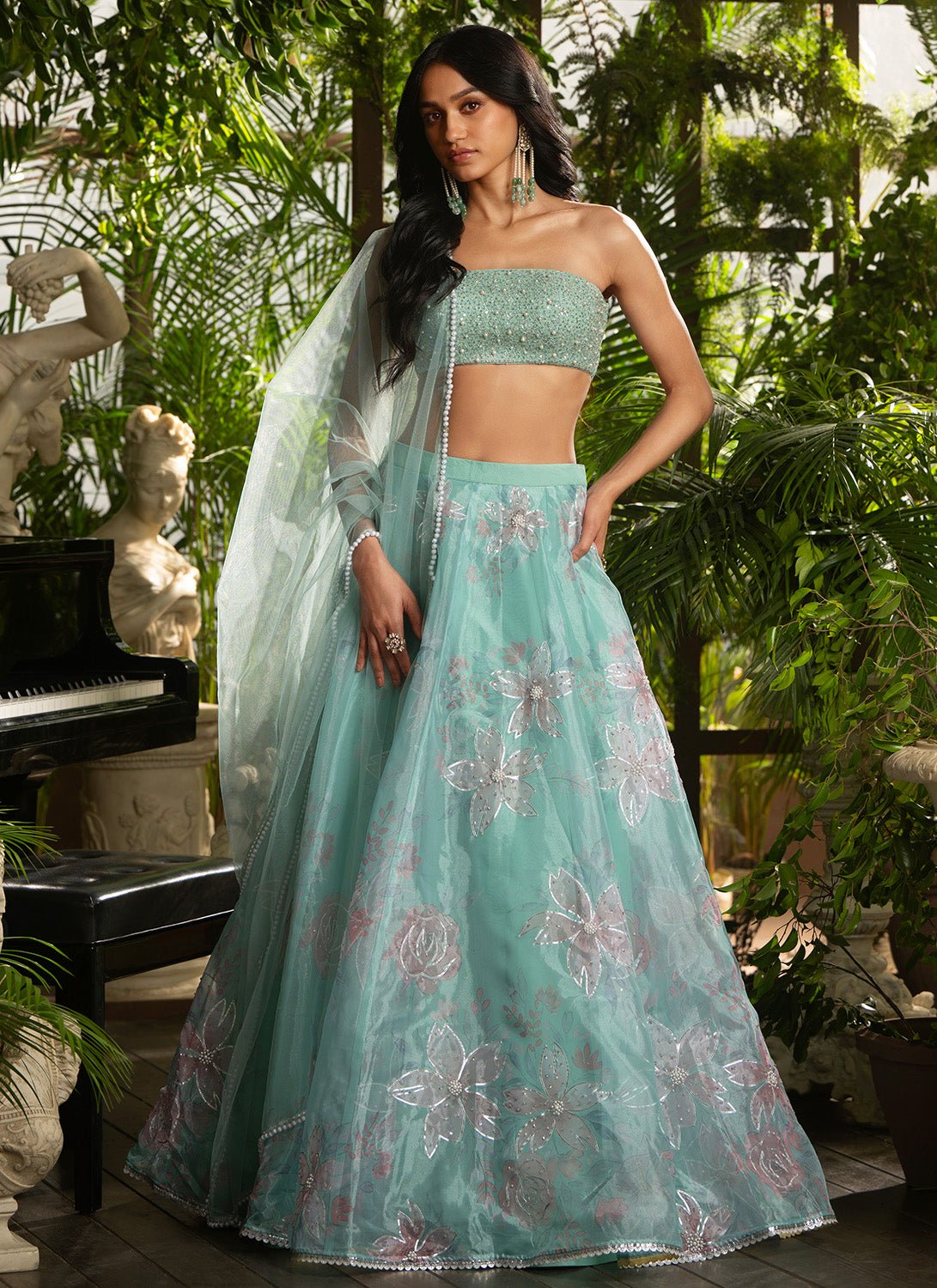 Mint Embroidered Net Lehenga - Lashkaraa