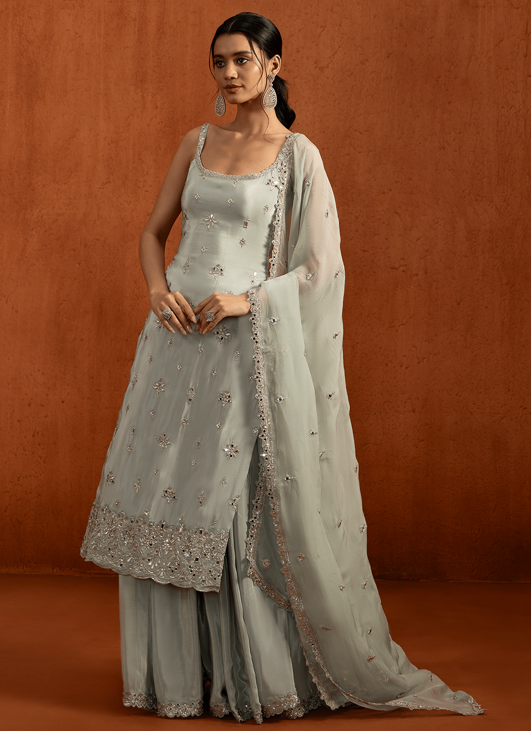 Mint Embroidered Viscose Crepe Sharara Suit - Lashkaraa