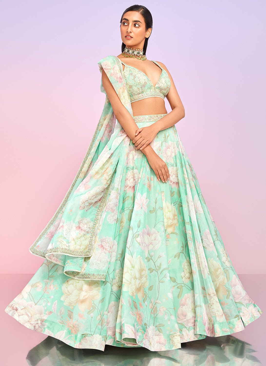Mint Floral Embellished Lehenga - Lashkaraa