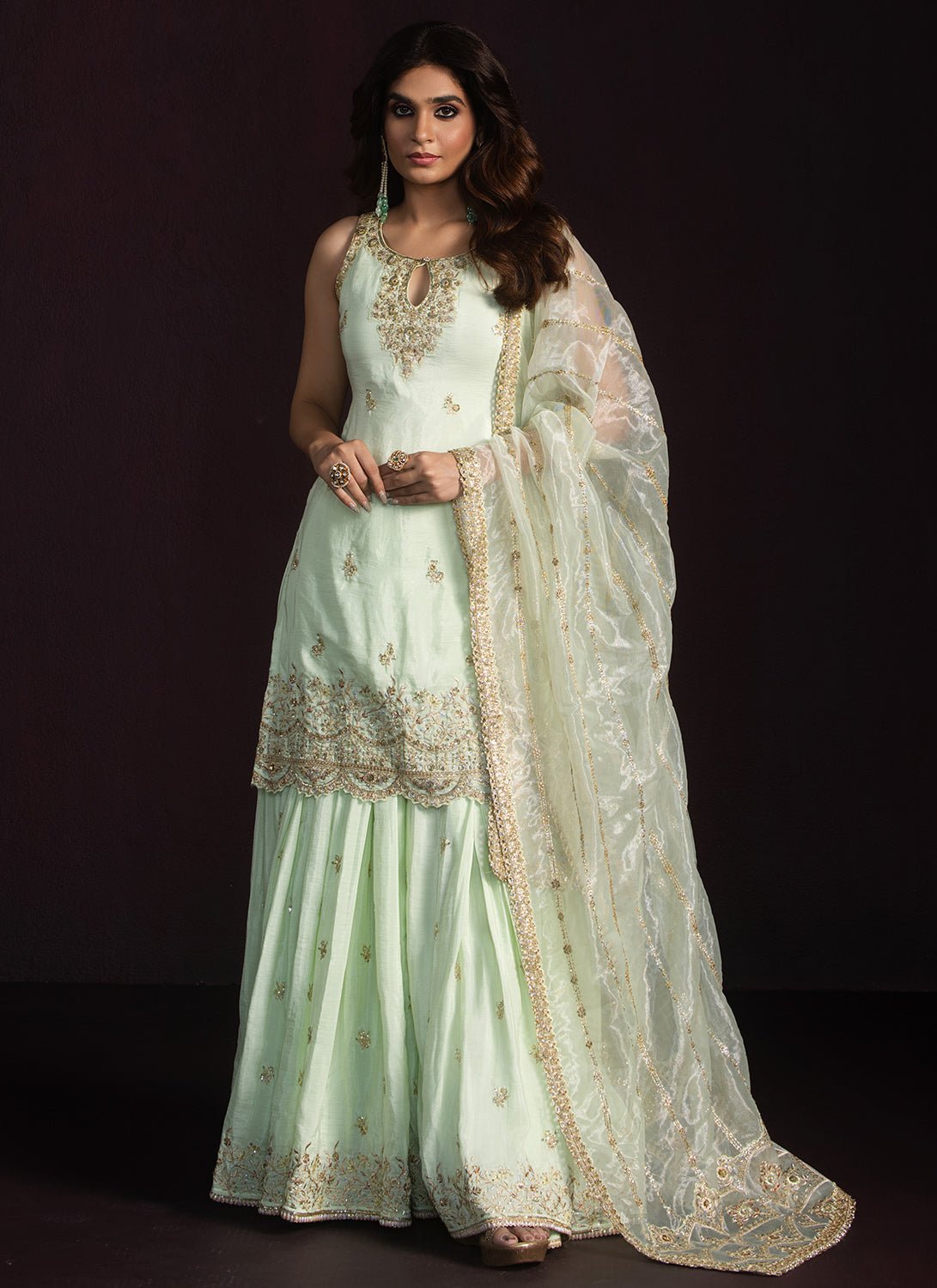 Mint Green Embroidered Crepe Sharara - Lashkaraa