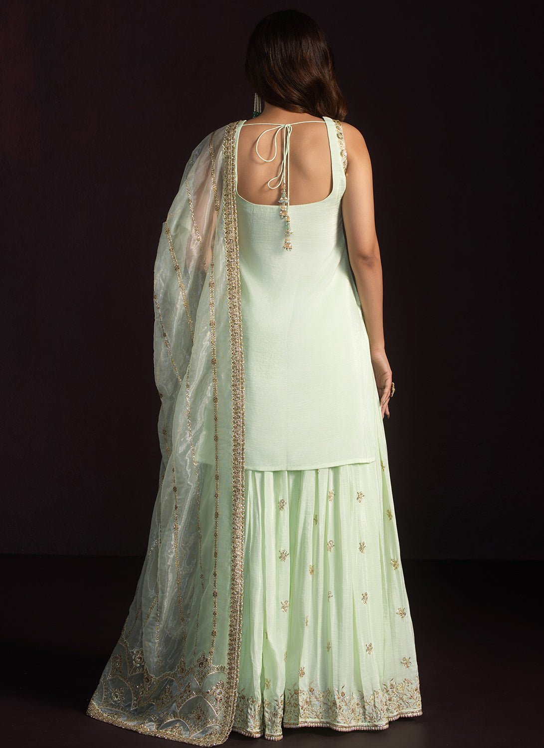 Mint Green Embroidered Crepe Sharara - Lashkaraa