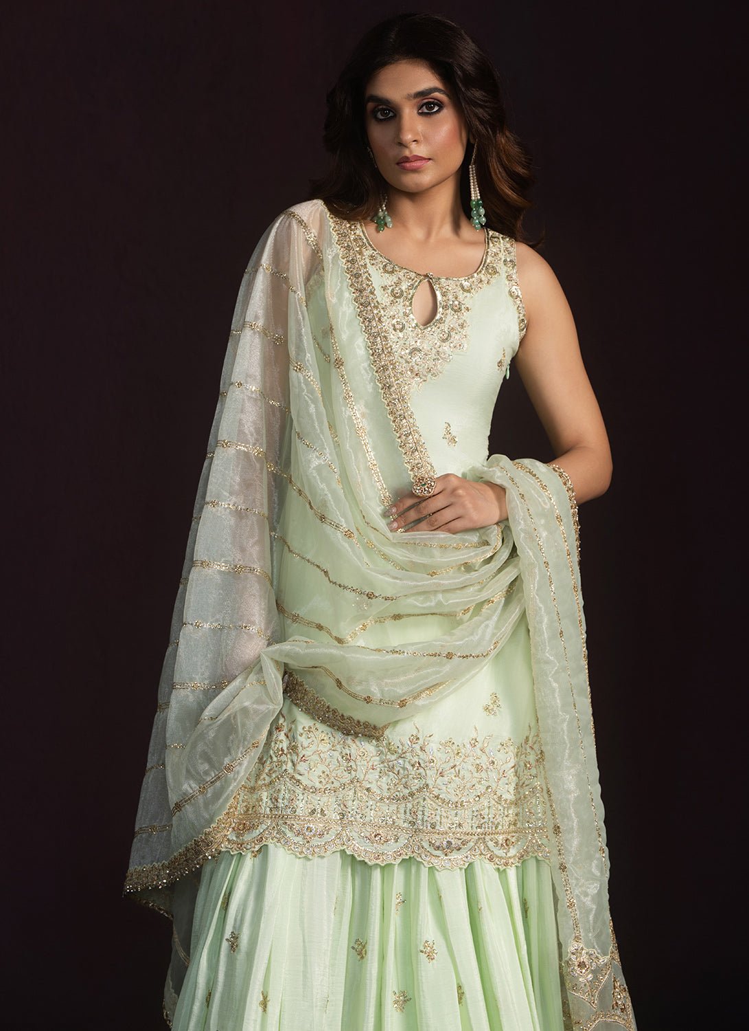 Mint Green Embroidered Crepe Sharara - Lashkaraa