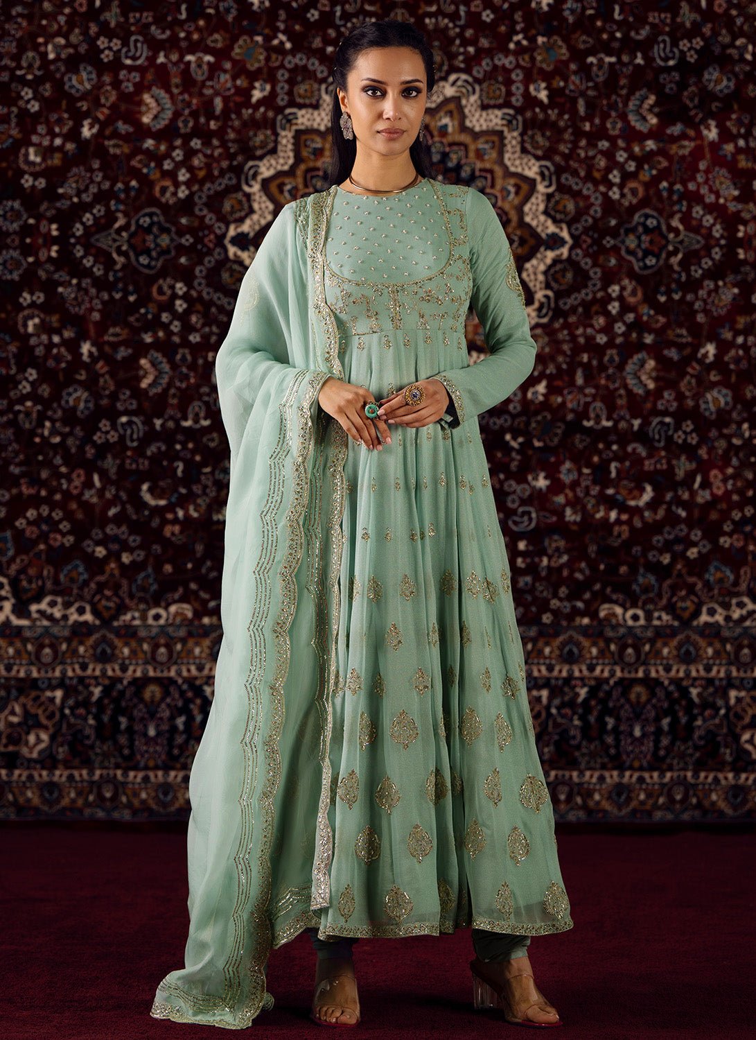 Mint Green Embroidered Georgette Anarkali - Lashkaraa