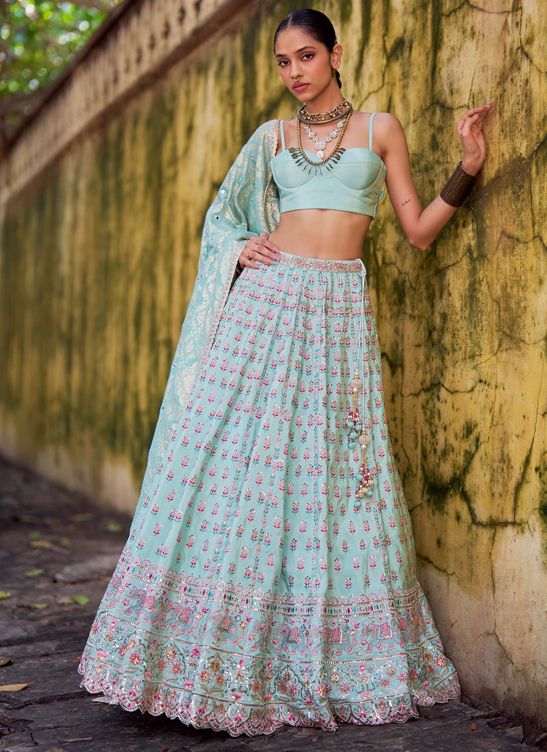 Mint Green Embroidered Lehenga - Lashkaraa