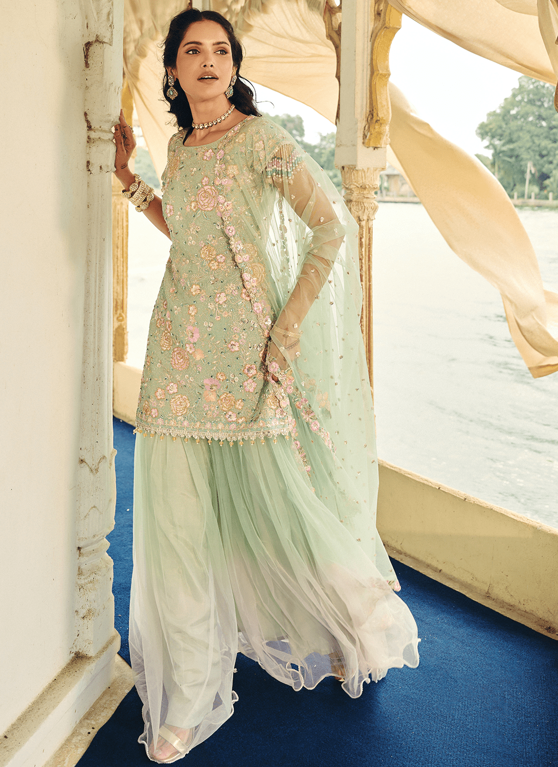 Mint Green Embroidered Organza Sharara - Lashkaraa