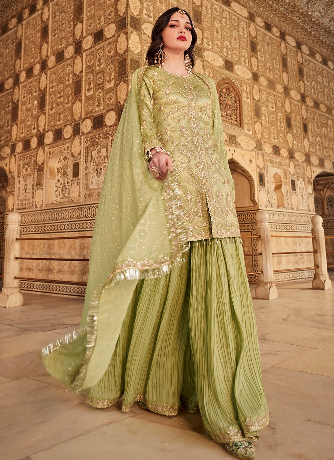 Mint Green Embroidered Sharara Suit - Lashkaraa