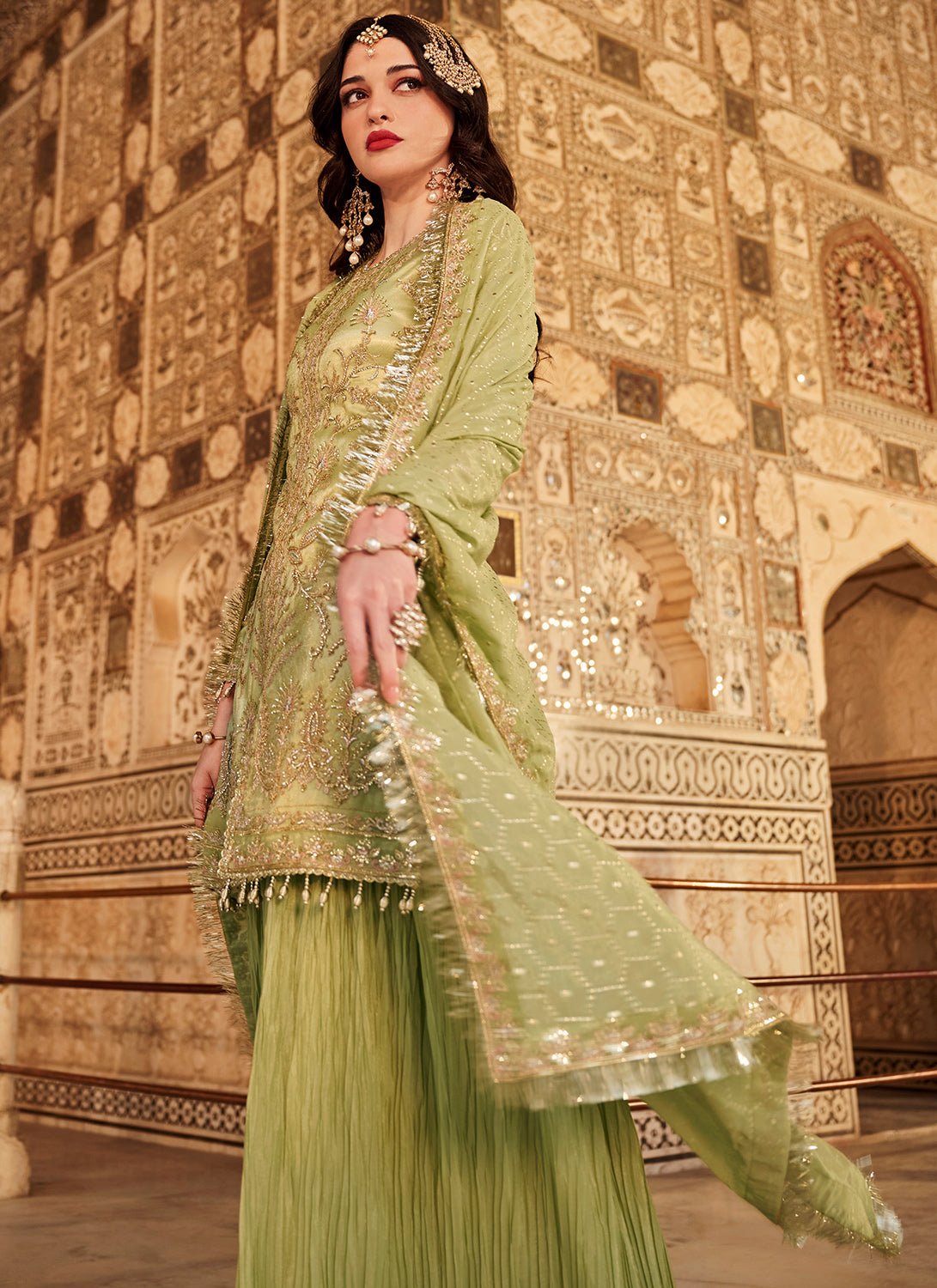 Mint Green Embroidered Sharara Suit - Lashkaraa