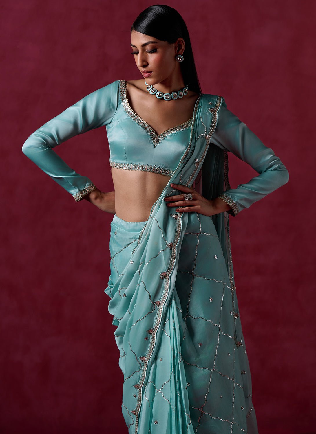 Mint Green Embroidered Silk Saree - Lashkaraa