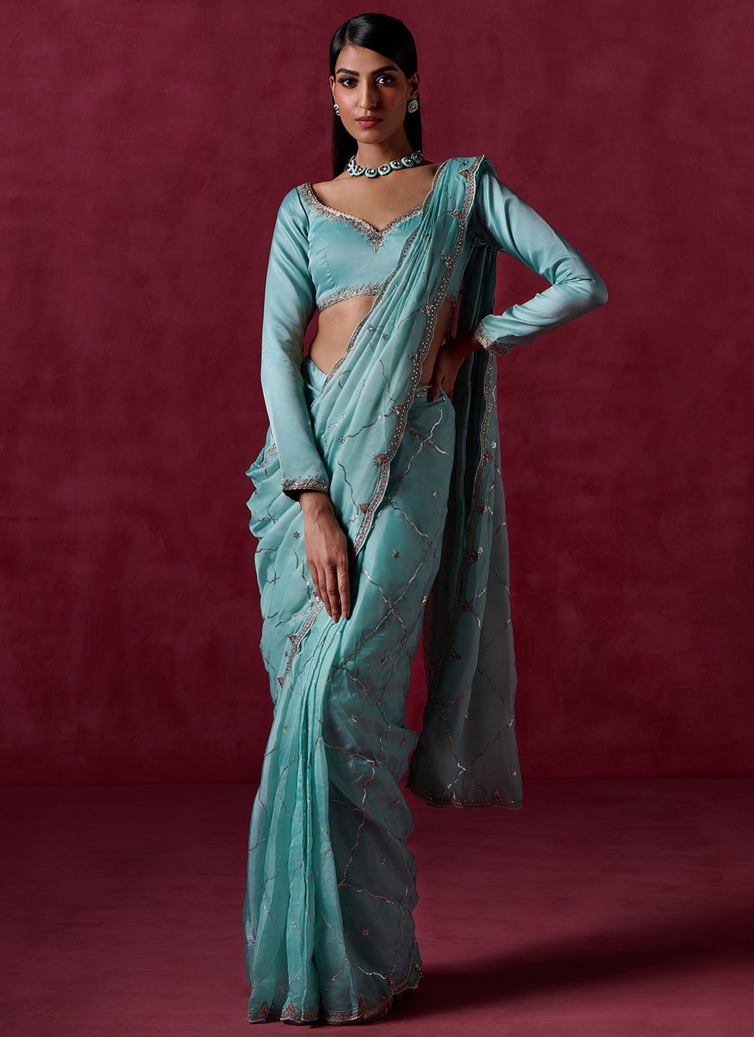 Mint Green Embroidered Silk Saree - Lashkaraa