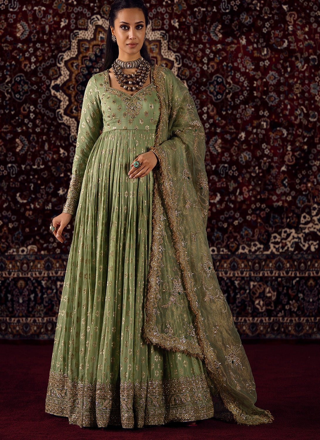 Mint Green Embroidered Viscose Brocade Anarkali - Lashkaraa
