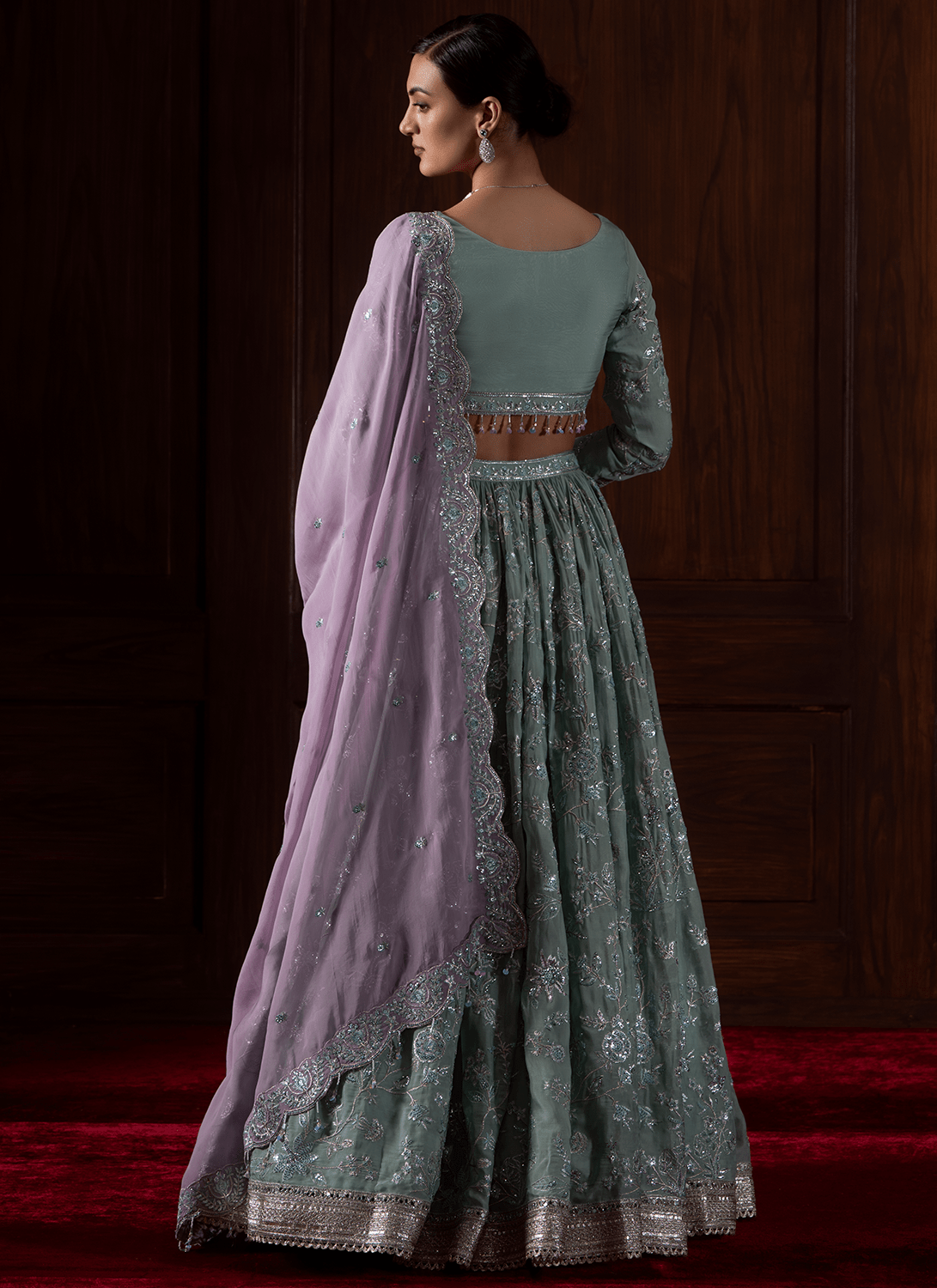 Mint Green Embroidered Viscose Organza Lehenga - Lashkaraa