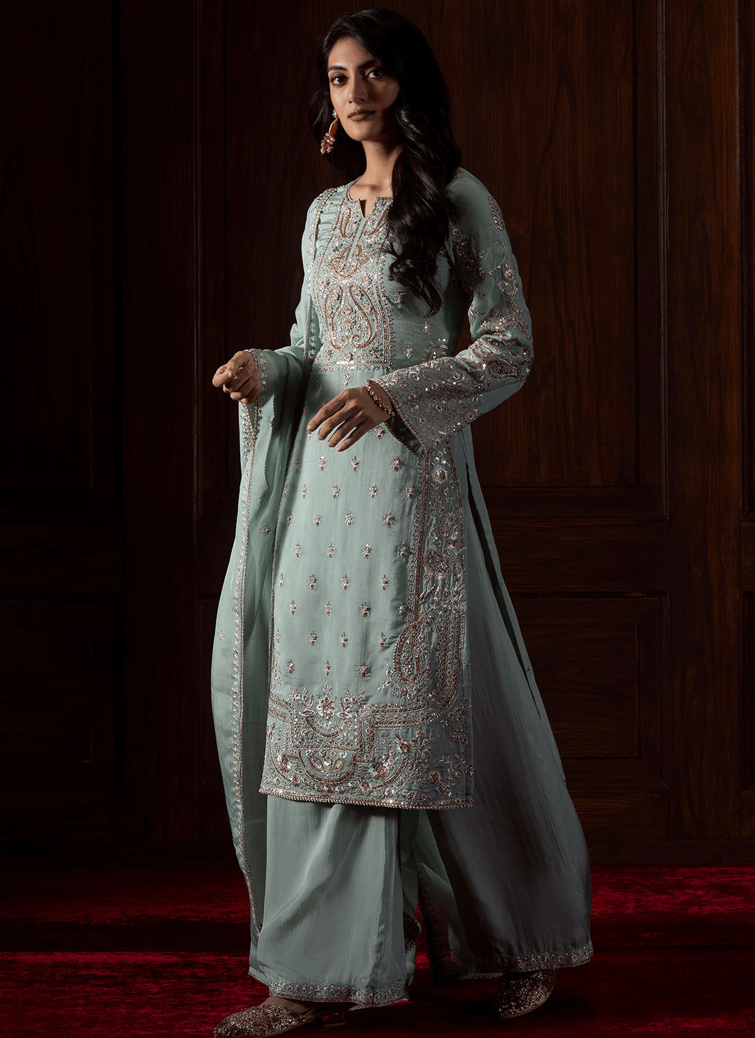 Mint Green Embroidered Viscose Organza Palazzo - Lashkaraa